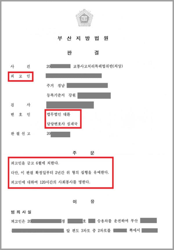 의뢰인은 적색 신호에서 직진하여 진행 방향의 오른쪽에서 왼쪽으로 주행하던 운전자 승용차의 앞 범퍼를 들이받아 골절 등의 상해를 입게 하였는데요. 합의과정에서 피해자와 원활한 합의에 이르지 못했고, 음주운전으로 인한 벌금형의 처벌을 받은 점이 있어 법무법인 대륜의 형사전문변호사를 찾게 되었습니다.