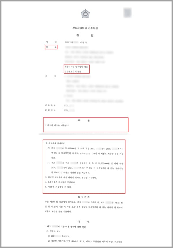 의뢰인과 남편 A 씨는 혼인 후 슬하에 성년 자녀들이 있습니다. 한편, 의뢰인은 남편 A의 의처증으로 인해 결혼 기간 동안 친구들과 만난 것이 손에 꼽을 정도였고, 술에 만취해 아무런 이유 없이 의뢰인에게 폭언과 무차별적 폭행을 가한 사실도 있었습니다.그러던 중 A 씨가 외도를 한다는 주변 사람들의 증언과 목격담을 들었던 의뢰인은 이런 사실을 종합하여 입증할 수 있는 자료들을 최대한 확보할 수 있었고, 이에 남편 A 씨와의 이혼, 부적절한 관계였던 피고 B 씨에게 위자료 청구소송을 결심하게 됩니다. 그러나 스스로의 힘으로는 소송에 어려움이 많을 거라 판단하여 법무법인 대륜의 이혼전문변호사를 찾아 주셨습니다.