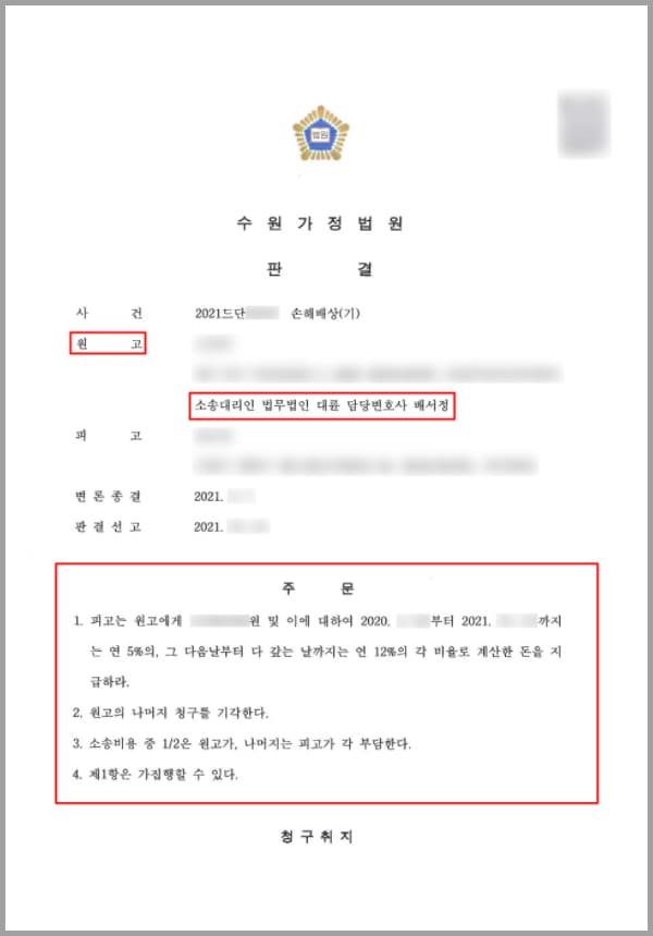 의뢰인은 남편과 혼인신고를 마친 후 슬하에 자녀 1명을 두고 있습니다. 그러던 중 피고 A 씨의 불법행위로 인하여 혼인의 파탄이라는 피해를 입게 되었습니다. A 씨는 소외 남편의 상간녀이며, 남편이 혼인하여 배우자가 있다는 사실을 잘 알면도 약 9년이라는 시간 동안 부정한 행위로 만남을 이어오는 방법으로 의뢰인에게 피해를 제공한 불법행위자였습니다.남편은 타지에서 근무하는 시간이 많았는데요. 어느 날 의뢰인은 남편의 물건을 정리하던 중 A 씨와 다정하게 찍은 사진을 발견하게 됩니다. 손이 떨려 어쩔 줄 모를 지경이었고,  의뢰인은 그제서야 남편이 외도한 사실을 알게 되었는데요. 이에 대하여 추궁하자 결국 남편은 외도 사실을 털어놓았습니다.의뢰인은 남편과 A 씨와의 부정행위를 알게 된 이후부터는 그토록 사랑하고 믿었던 남편을 더는 신뢰할 수 없게 되었고, 두 사람의 혼인 관계를 파탄 지경에 이르렀습니다. 또한 일상생활도 정상적으로 할 수 없을 정도로 극심한 스트레스를 겪었는데요.결국 남편과의 혼인 관계는 파탄이 났으며 정신상의 고통을 견디다 못해 법무법인 대륜의 전문변호사를 찾아와 도움을 요청하셨습니다.