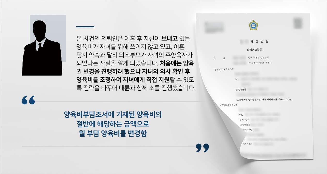 본 사건의 의뢰인은 이혼을 하면서 자녀에 대한 지원만큼은 아끼지 않겠다고 약속하였고, 그 약속을 성실히 이행하였습니다. 하지만 배우자는 의뢰인의 면접교섭에 비협조적이었고, 답답함을 느낀 의뢰인은 자녀를 직접 찾아가기로 결심하였습니다.의뢰인이 자녀를 만나러 간 날,  양육비를 정기적으로 송금하였음에도 불구하고 자녀에게 금전적 지원이 원활하게 이뤄지지 않는듯한 상황을 목격하였습니다.처음에는 양육권을 되찾기 위해 소송을 제기했지만, 조사가 진행되며 자녀가 외조부모님과 함께 사는 것에 만족한다는 이야기를 하자 자녀의 뜻을 존중하기로 하였습니다.다만, 양육비가 자녀에게 쓰일 수 있도록 전략을 변경하여 배우자에게 보내는 양육비를 조정한 후 개인적으로 자녀에게 지원하기 위해 법적인 대응을 진행하기로 하였습니다.본 사건을 가사사건 성공사례가 많은 법무법인 대륜으로 의뢰해 주셨습니다.