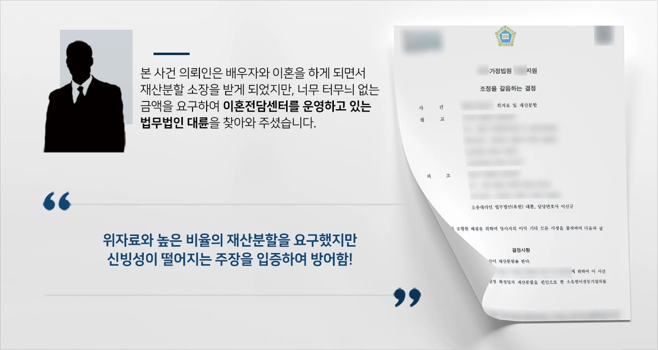  사건의 의뢰인의 배우자는 결혼 기간 동안 재산 형성에 크게 기여한 바가 없으며 가사 노동도 등한시 하였습니다.의뢰인의 배우자는 이뿐만 아니라 과소비를 일삼았으며 의뢰인 몰래 토지를 담보로 잡아 대출까지 받았습니다.이에 대해 더 이상 참을 수 없었던 의뢰인은 협의 이혼을 진행했지만, 배우자 측에서 터무늬 없는 재산분할 비율을 요구하였습니다.의뢰인은 이를 방어하기 위해 이혼전문변호사가 있는 법무법인 대륜에 찾아주셔서 의뢰를 맡기셨습니다.