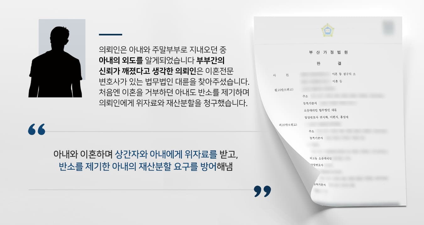 본 사건의 의뢰인은 결혼생활 중 종종 아내와 갈등을 겪었습니다. 그러나 이혼은 하지 않고 서로 가정을 유지하고자 노력해왔습니다.마침 아내가 타지역으로 전근을 가게 되어 두 사람은 주말부부로 지내며 각자의 시간을 보내는 기간이 길어졌습니다. 어느 날 아내가 전화도 받지 않고 문자메시지도 답장을 하지 않아서 걱정을 했는데 다음날 아내는 직장에 휴대전화를 두고 퇴근하는 바람에 확인하지 못했다고 해명하였고, 이에 납득한 의뢰인은 대수롭지 않게 생각했습니다.그러나 카드 명세서를 통해 연락이 안 되던 날 밤 아내가 늦은 시간까지 밖에 있었단것을 알게 되었고, 자세히 확인해 본 결과 의뢰인의 아내는 직장동료와 외도를 하고 있었습니다.이번 일로 더는 혼인관계를 유지할 수 없겠다고 생각한 의뢰인은 이혼소송을 진행하기 위해서 법무법인 대륜을 찾아주셨습니다.