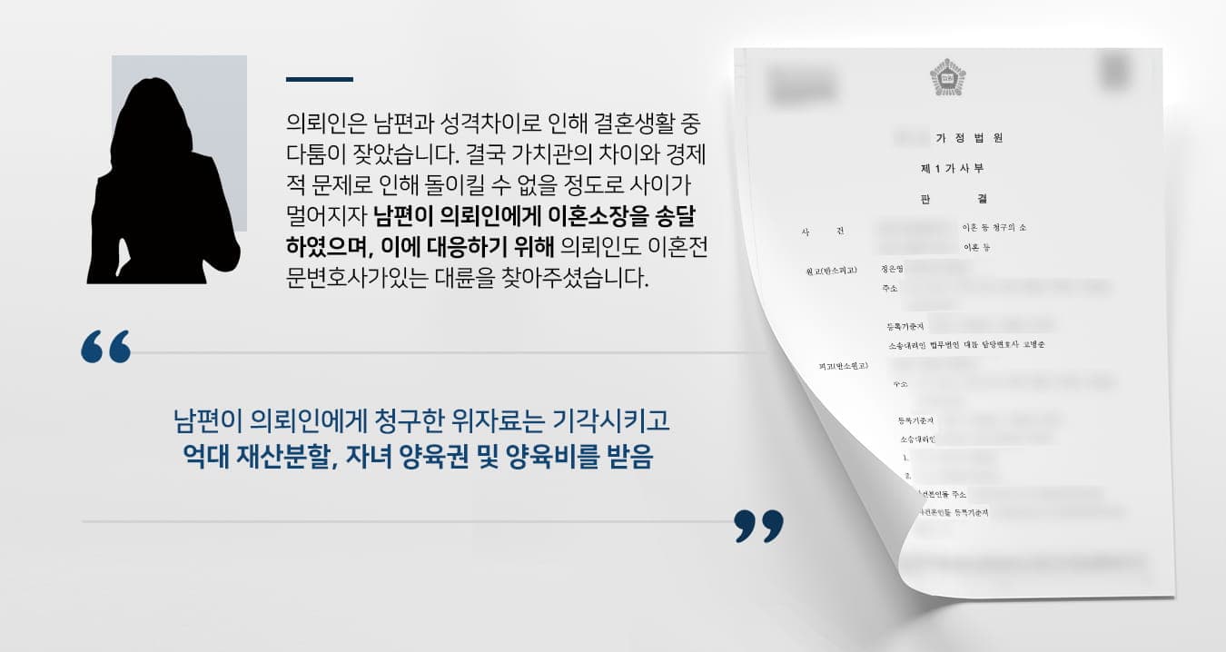 본 사건의 의뢰인은 결혼생활 초기부터 남편과 크고 작은 문제로 다퉈왔습니다. 성격도 생활방식도 자녀 양육관도 달랐던 두 사람은 사소한 다툼을 이어오다 금전 문제로 인해 갈등이 심화되었습니다. 성격차이로 인해 쌓여온 불만에 양가 부모님께 경제적 지원을 받는 과정에서 생긴 갈등까지 더해져 두 사람은 결국 파경에 이르게 됩니다.부부 쌍방에게 혼인 파탄의 책임이 있었기에 위자료는 청구할 수 없지만, 그 밖에 재산분할 및 자녀의 양육권과 양육비를 정하는 문제가 해결되지 않자 소송절차를 진행하게 되었습니다.남편이 보낸 소장을 받아본 의뢰인께서는 이혼전문변호사가 있는 법무법인 대륜을 찾아주셨으며, 사건 진행을 위임하여 반소를 준비하였습니다.