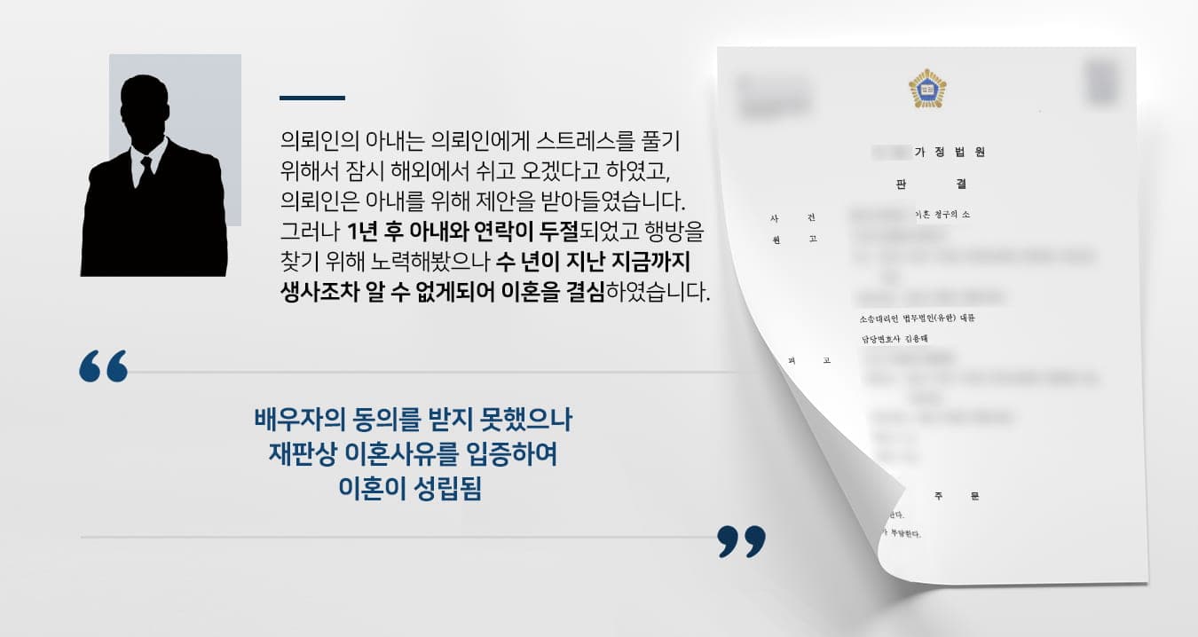 본 사건의 의뢰인의 아내는 수년 전 가출을 하였습니다. 당시 의뢰인 부부는 사업 운영에 어려움을 겪으며 힘든 시간을 보내고 있었습니다.경영난으로 인한 스트레스를 호소하던 의뢰인은 아내는 너무 힘들어서 당분간은 해외에서 살고 싶다고 의뢰인에게 부탁하였습니다. 사업이 어려운 상황에 해외 생활을 지원하는 것이 쉽지 않았기에 고민했으나, 아내라도 힘든 현실에서 벗어나 쉬게 해주고 싶었던 의뢰인은 아내의 부탁을 들어주기로 하였습니다. 출국 후 1년간은 연락이 잘 되고 있었으나 한순간 아내와 연락이 두절되었고 이후 가족들은 아내의 행방을 찾기 위해서 노력하였으나 지금까지 소재를 찾지 못하였습니다.연락이 단절된 이후 수년간 불안정한 법률혼 관계를 유지하고 있던 의뢰인께서는 더는 기다릴 수 없다고 생각하여 아내와의 이혼을 결심하고 법무법인 대륜을 찾았습니다.