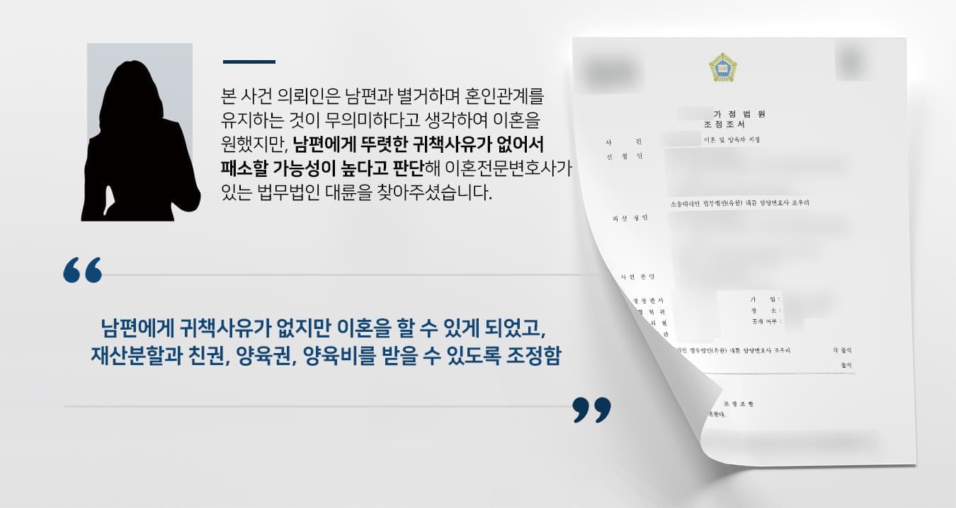 귀책사유가 없는 남편을 상대로 재산분할과 친권, 양육권, 양육비를 받을 수 있도록 조정
