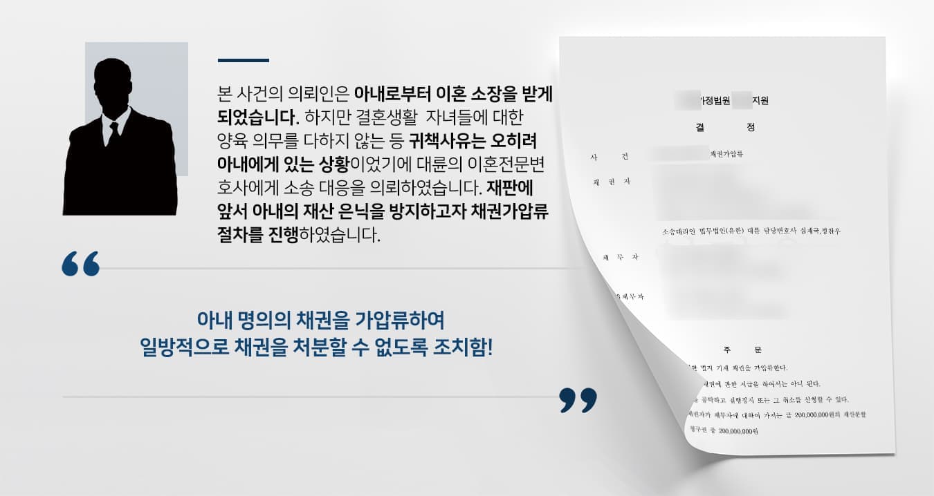 본 사건의 의뢰인은 아내로부터 이혼 소장을 받게 되었습니다.   하지만 결혼생활에서 자녀들에 대한 양육 의무를 다하지 않는 등 귀책사유는 오히려 아내에게 있는 상황이었기에 이에 대응하고자 이혼전문변호사가 있는 법무법인 대륜을 찾아주셨습니다.