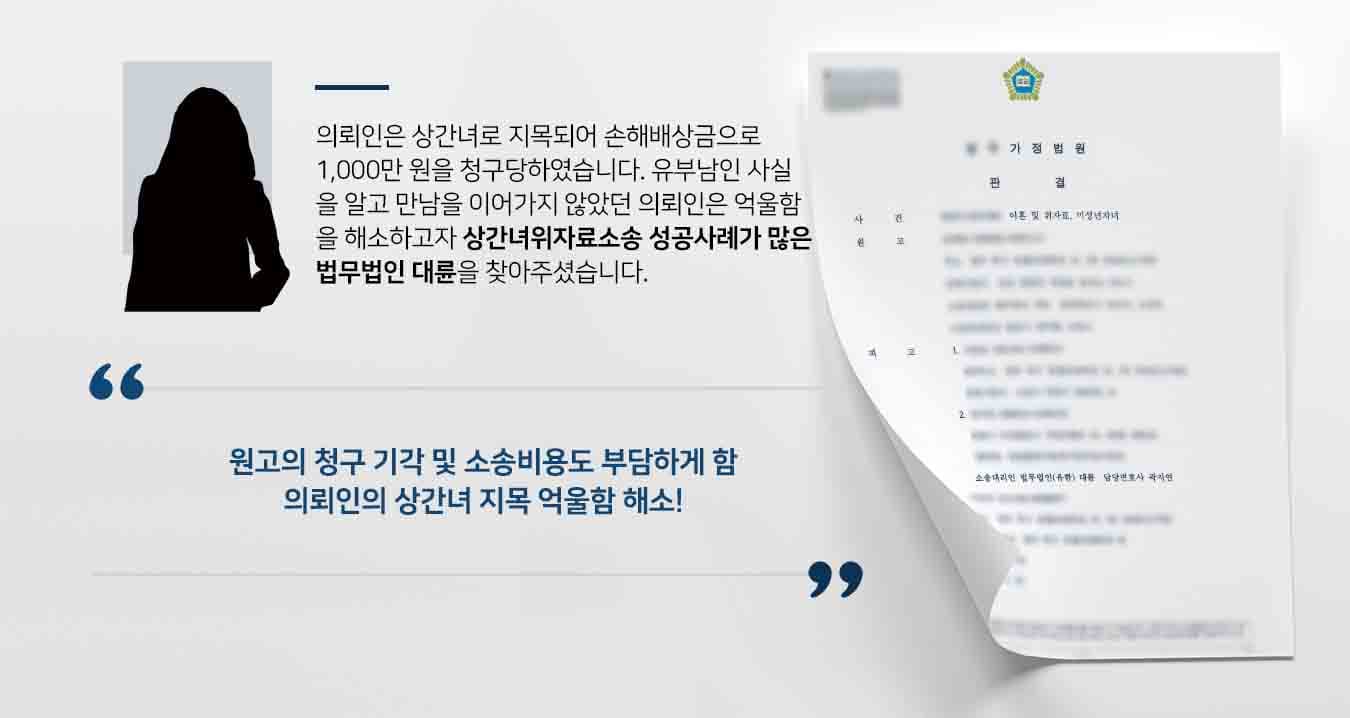 의뢰인은 상간녀로 지목되어 손해배상금으로 1,000만 원을 청구당하였습니다. 유부남인 사실을 알고 만남을 이어가지 않았던 의뢰인은 억울함을 해소하고자 상간녀위자료소송 성공사례가 많은 법무법인 대륜을 찾아주셨습니다. 