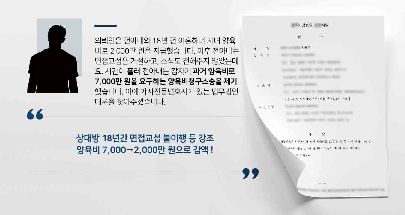 의뢰인은 전아내와 18년 전 이혼하며 자녀 양육비로 2,000만 원을 지급했습니다. 이후 전아내는 면접교섭을 거절하고, 소식도 전해주지 않았는데요. 시간이 흘러 전아내는 갑자기 과거 양육비로 7,000만 원을 요구하는 양육비청구소송을 제기했습니다. 이에 가사전문변호사가 있는 법무법인 대륜을 찾아주셨습니다. 