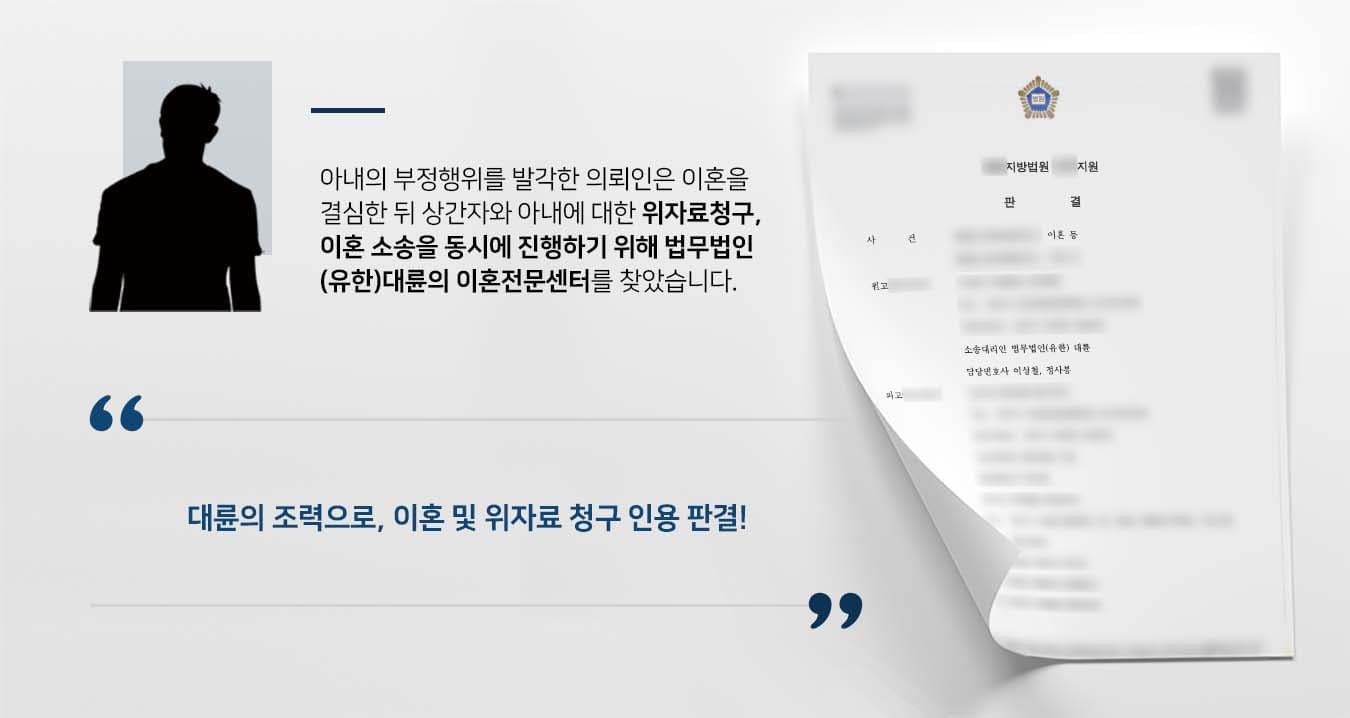 ## 부정행위 한 아내에게 이혼 소송 제기  수년 전 피고1과 혼인한 의뢰인은 피고1의 자녀를 입양하여 화목한 가정을 꾸려 노력하고 있었습니다.  하지만 피고1은 상간자인 피고2과 부정행위를 하다 발각되어 혼인관계 파탄의 원인을 제공했습니다.  이에 의뢰인은 이혼, 상간자소송을 제기하여 법적 책임을 묻기 위해 법무법인(유한) 대륜의 이혼전문센터를 방문해주셨습니다.  ## 이혼 소송, 위자료·재산분할 등 청구  의뢰인과의 면밀한 법률상담을 거쳐, 법무법인(유한) 대륜은 3인 이상의 전문가들로 이혼전문변호사팀을 구성하였습니다.  이혼, 상간자소송 등 사건처리에 특화된 이혼전문변호사팀은 의뢰인이 바라는 대로 다음과 같이 주장하며 조력하였습니다.  ■ 피고1의 귀책사유로 인해 혼인관계가 파탄되었으므로 이혼 청구를 인용해야 한다는 점   ■ 피고1과 피고2는 원고에게 심각한 정신적 피해를 유발하였으므로 각각 위자료를 지급해야 한다는 점  ■ 원고의 친생자가 아닌 사건본인에 대한 친권자 및 양육자로  피고1을 지정해야 한다는 점  ## 재판부, 이혼 및 위자료·재산분할 등 인용  법무법인 대륜의 조력으로, 재판부는 "피고들은 각각 원고에게 위자료를 지급하고, 사건본인의 친권자 및 양육자로 피고1을 지정한다"라는 판결을 내렸습니다.  만약 이혼, 상간자소송, 친권 및 양육자 지정 등 위 사례와 비슷한 상황으로 곤란을 겪고 계신다면 언제든 법무법인(유한) 대륜으로 의뢰해 주시길 바랍니다.  ``` 법무법인(유한) 대륜은 법률전문가 3인 이상으로 전담팀을 구성해 전문성을 극대화하며, 해결사례를 토대로 구축한 대륜만의 소송시스템으로 의뢰하신 사건을 성공으로 이끌어 오고 있습니다. 본 소송과 관련하여 법률조력이 필요하시다면 법무법인 대륜과 함께 준비하시길 바랍니다. ```
