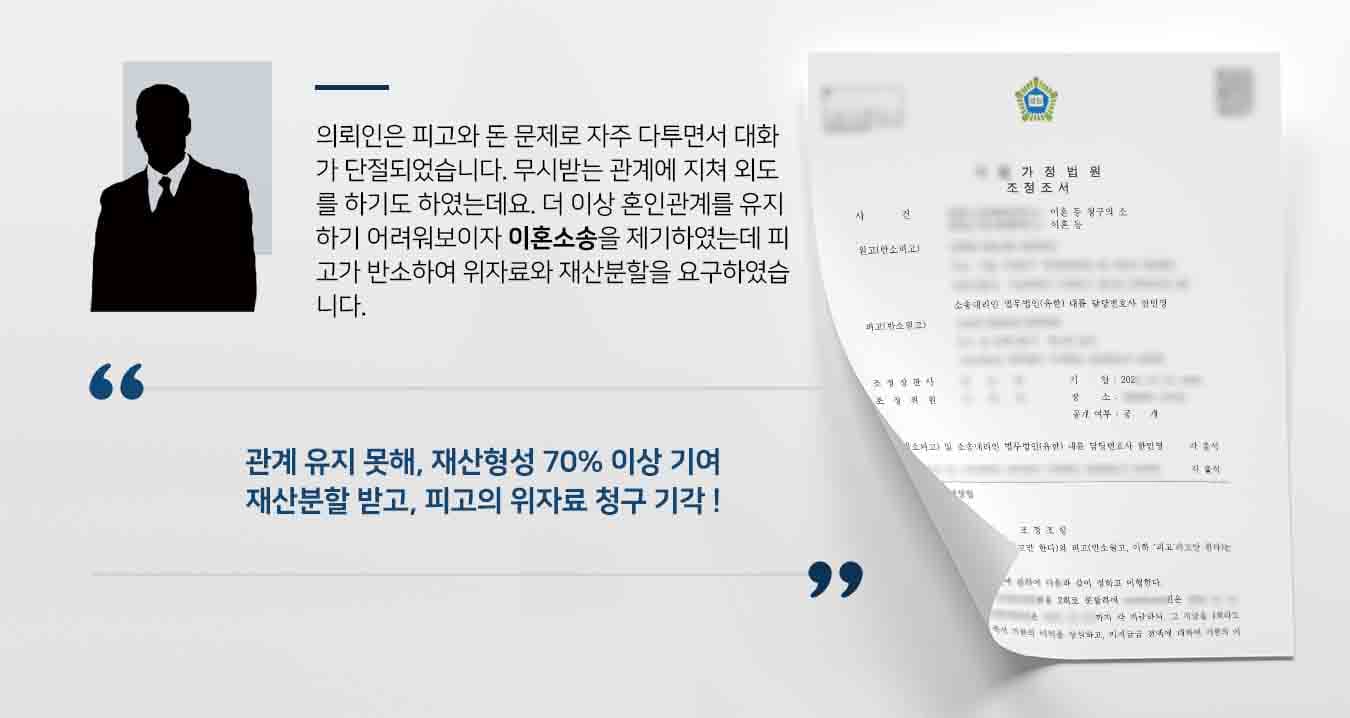 의뢰인은 피고와 돈 문제로 자주 다투면서 대화가 단절되었습니다. 무시받는 관계에 지쳐 외도를 하기도 하였는데요. 더 이상 혼인관계를 유지하기 어려워보이자 이혼소송을 제기하였는데 피고가 반소하여 위자료와 재산분할을 요구하였습니다. 