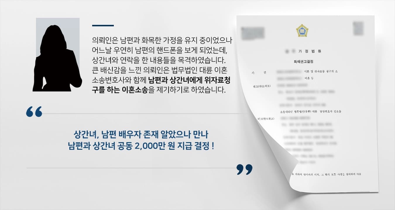 의뢰인은 남편과 화목한 가정을 유지 중이었으나 어느날 우연히 남편의 핸드폰을 보게 되었는데, 상간녀와 연락을 한 내용들을 목격하였습니다. 큰 배신감을 느낀 의뢰인은 법무법인 대륜 이혼소송변호사와 함께 남편과 상간녀에게 위자료청구를 하는 이혼소송을 제기하기로 하였습니다. 
