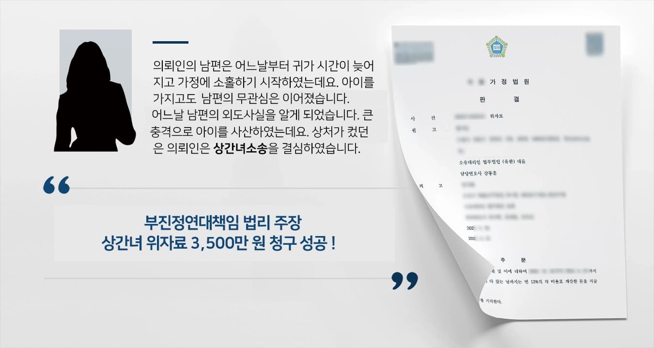 의뢰인의 남편은 어느날부터 귀가 시간이 늦어지고 가정에 소홀하기 시작하였는데요. 아이를 가지게 되자 남편은 임신중절을 강요하여 임신중절을 하였는데요. 알고보니 상간녀가 외도관계를 유지하기 위해 아이를 지우라고 협박한 것이었습니다. 이에 충격받은 의뢰인은 상간녀소송을 결심하였습니다. 
