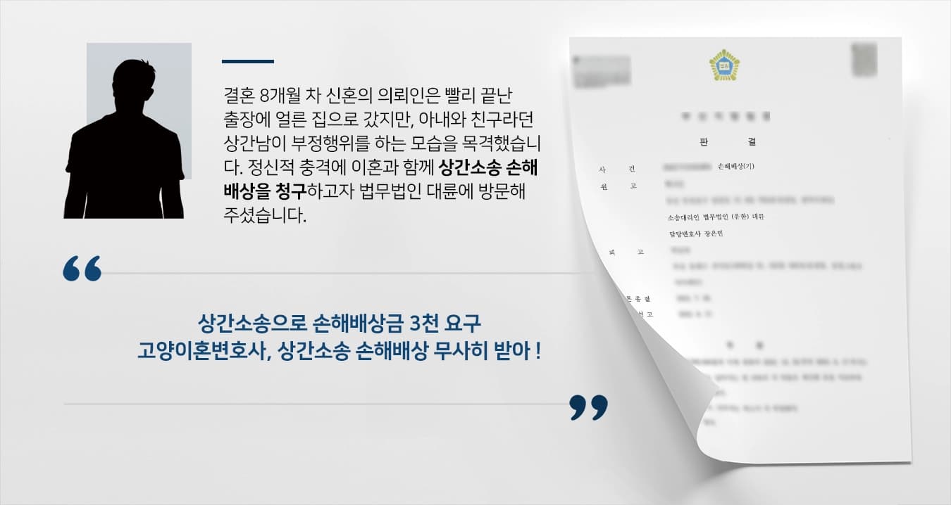 [상간소송] 아내의 외도로 결혼 8개월 만에 파경, 고양이혼변호사 손해배상 2천만 원 판결 받아내