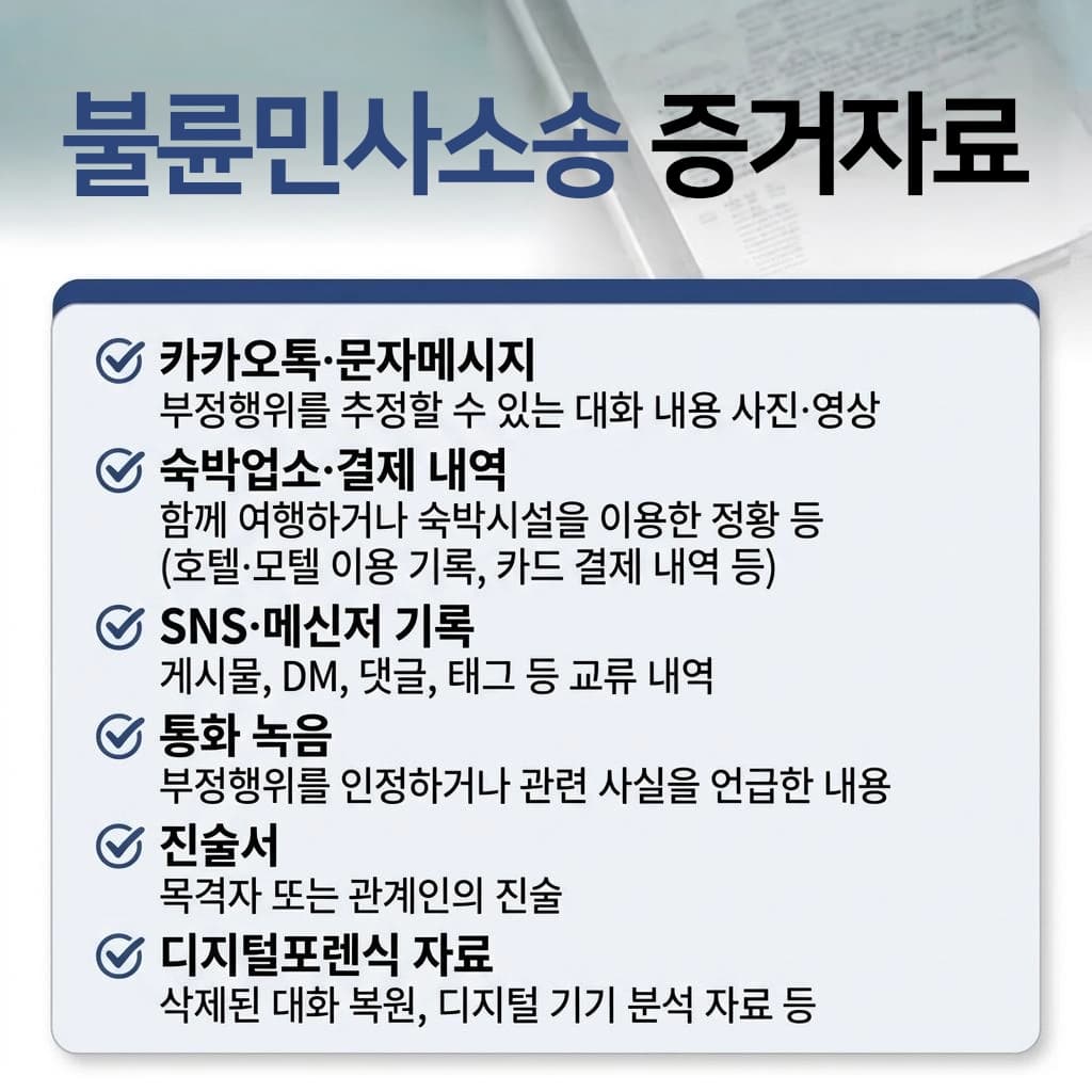 불륜민사소송을 통해 위자료를 청구하는 절차와 대응 전략을 정리한 이미지입니다.